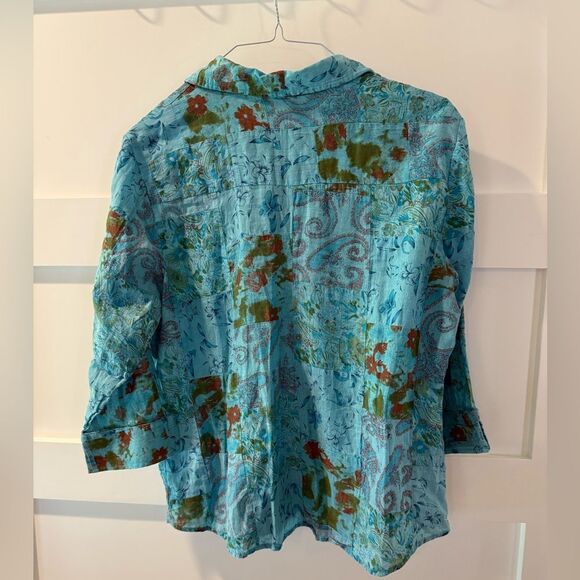 Coldwater Creek boho brilliant Blue and Green Paisley Shirt - Picture 3 of 6